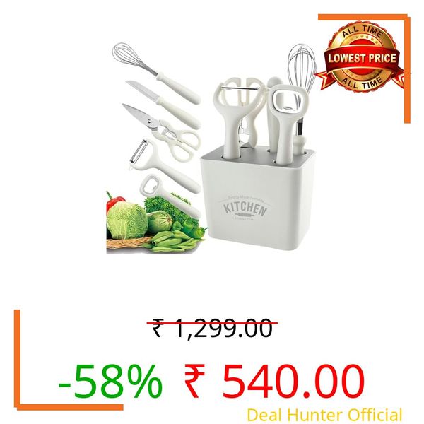 JB'S LAND 6-Piece Kitchen Tool Set with Holder | Stainless Steel Knife, Peeler, Whisk, Scissors & Bottle Opener | Multipurpose Kitchen Gadgets Set | Anti-Slip Handle | Space Saving Organizer