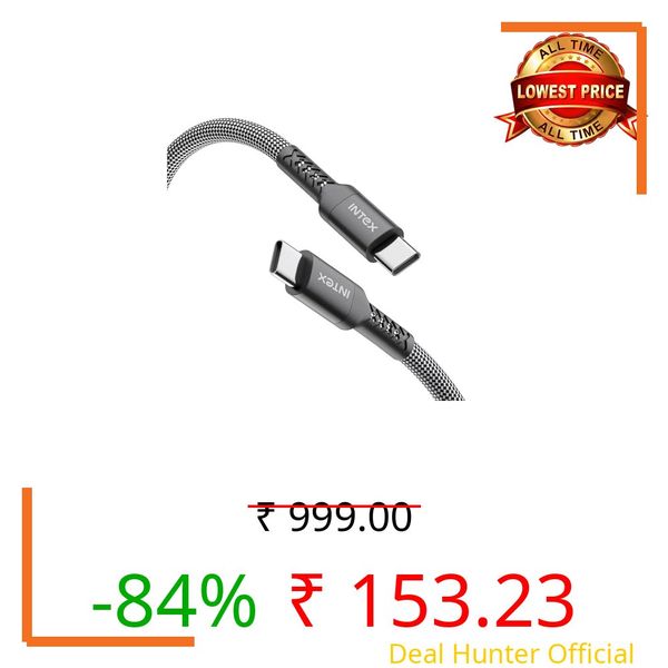 Intex Speed Max 65W Fast Charging Braided Type C to Type C Cable, 480Mbps, Trangle Free, Data Sync Cable Compatible For Laptop, BT Speaker, Mobile, Tablet, TWS & Other Type C Devices- Black