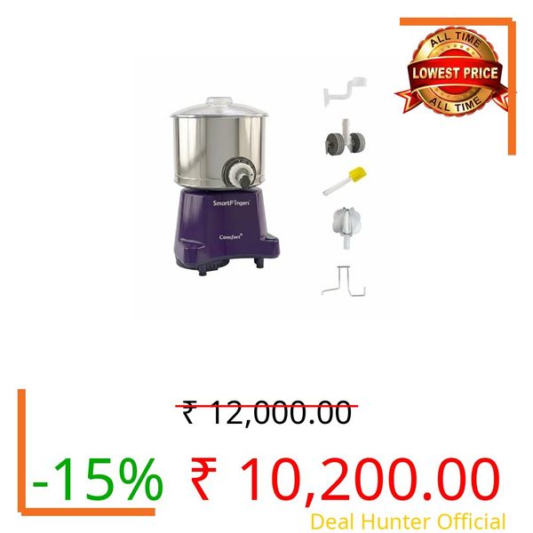 SmartFingers Comfort + Table Top Wet Grinder 230V, 3 Liter, Violet with Coconut Scrapper & Atta Kneader Attachment | Hands-Free Batter Dispenser | Top Wiper, 220W Motor | 5 Years Warranty | AISI 304