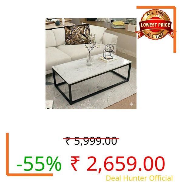 Welltrade Shoppee Rectangular Center Table with Engineered Wooden Top & Gold Metal Frame, Cocktail Sofa Table Living Room, Elegant Coffee Table – for Home, Office, Dining (Black & White)