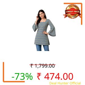 SONISHA Women's Rayon Floral Print Short Kurti for Women Elegance Square Neck, Long Sleeves with Style Criss Cross Back Kurti, Top for Office Wear, Casual, Outdoor, Teal-Green, 3XL-46