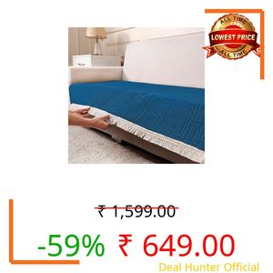 Yellow Weaves Anti Slip 2 Seater Sofa Cover Protector, 90x120 cm | Sofa Throw with Fringe | Non Slip Dot Backing Couch Mat | Washable Slipcover for Living Room | Geometric Lines, Blue