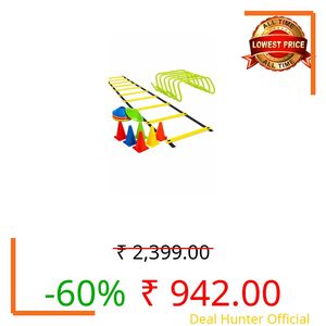 Fitplayr Fitness Combo 6 Pieces Speed Hurdle, 6 Pieces Stacking Cones, 10 Pc Multicolour Space Markers and 1 Pc Agility Ladder th 10 Rungs Multicolour Hurdles 6 inch Pack of 6