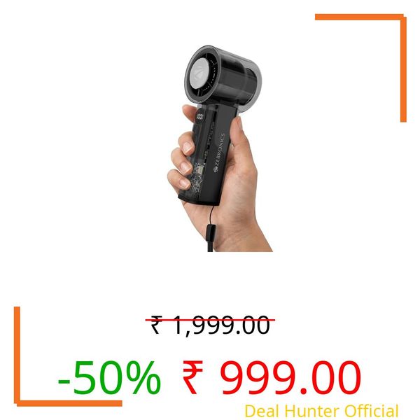 Zebronics Heat Buster 250 Portable Hand Fan, 9000 RPM Speed, Upto 6 Hours Backup, 100 Speed Modes, 3000mAh Battery, LED Display, Battery Indicator, Type-C Charging, Lightweight Design (Black)