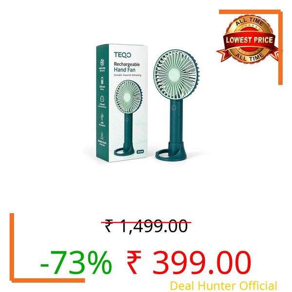 TEQO Rechargeable Hand Fan 4800 RPM High Speed | 1200mAh Battery, Up to 6 Hours Runtime | Portable USB Fan with Mobile Stand & RGB Light | 3 Speed Personal Mini Fan for Travel, Makeup (Green)