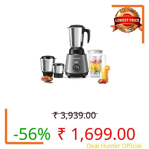 Longway Super Pro Juicer Mixer Grinder | Up to 750 Watt Powerful Motor | 4 Jars for Grinding, Mixing, Juicing | 2 Years Warranty (Silver & Black)