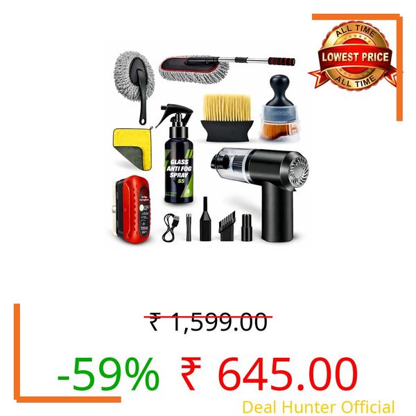 8 Pcs Car Combo Kit with 3-in-1 Mini Vacuum Cleaner, Microfiber Cloth, Duster, Wheel Brush, Anti-Fog Spray & Glass Cleaning Tools (8 in 1 Car Combo) (Multicolour)