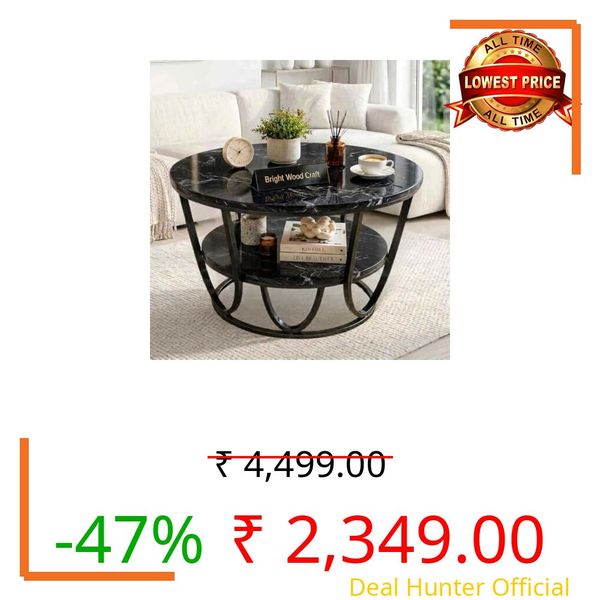 Bright Wood Craft Handmade Round Coffee Table Nesting Side or Center Table with Metal Base Wooden top for Living Room Drawing Room Balcony Black