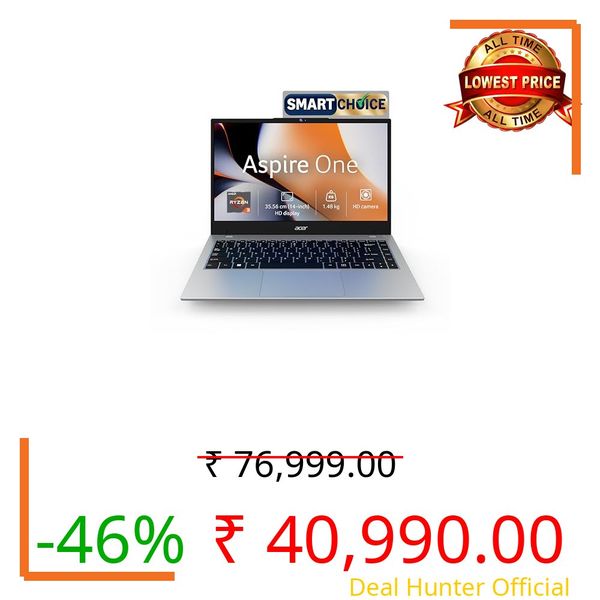 Acer Smartchoice Aspire One, AMD Ryzen 3-7320U, 8GB LPDDR5 RAM/ 512GB SSD, 14.0"/35.56cm TN HD Display, Win 11 Home, Pure Silver, 1.48KG, A114-43, Thin and Light Laptop