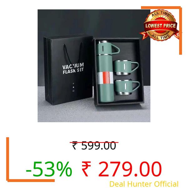 Stainless Steel Vacuum Flask Gift Set with 2 Cups | Insulated Hot & Cold Thermos Bottle Travel Mug Set | Leakproof Portable Flask for Office, Travel & Gifting (Multicolor)