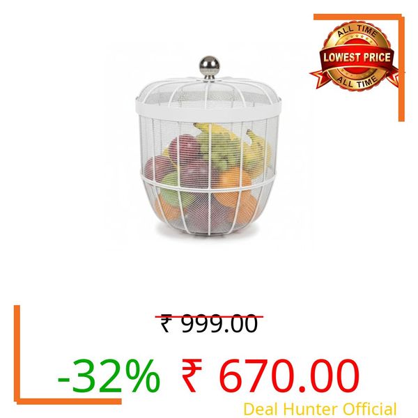 Decorative Insect-Resistant Fruit & Vegetable Basket with Lid | Metal Mesh (Jaali) Design Storage Basket for Kitchen Countertop, Dining Table & Living Room (white)