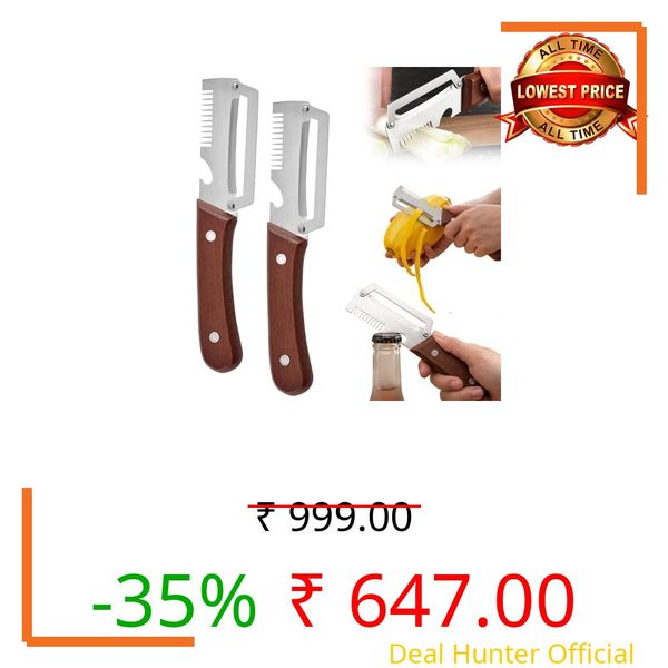 2026 Upgrade Multi-functional Vegetable Peeler, 3 in 1 Ktchen Multi-function Stainless Steel Thickened Fruit Peeler Knife with Wooden Handle, Suitable for Peeling Fruits and Shredding Scallions (2Pcs)