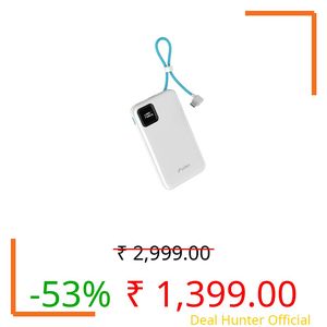 URBN 10000mAh Power Bank with Built-in Type-C Cable | 22.5W Super Fast Charging | Smart LED Display | Pocket Size | Dual Type C PD + USB Output | Portable Charger for iPhone, Samsung, and More - White
