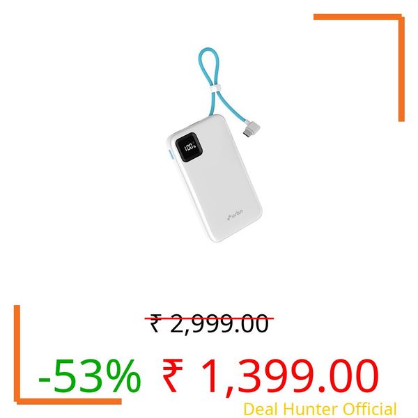 URBN 10000mAh Power Bank with Built-in Type-C Cable | 22.5W Super Fast Charging | Smart LED Display | Pocket Size | Dual Type C PD + USB Output | Portable Charger for iPhone, Samsung, and More - White