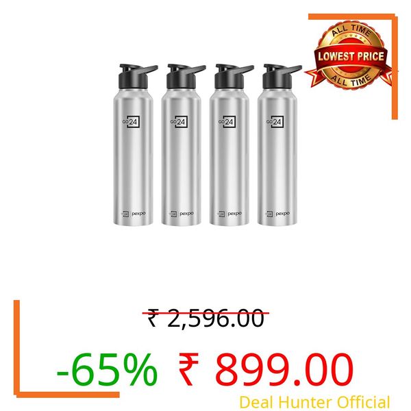 Go24 pexpo Water Bottle 1 ltr Go24 Stainless Steel Sports/Fridge Bottle with Sipper Cap (Pack of 4)| Single Wall | For Home, Office, Gym, Travelling | Lightweight | Craft Pro 950ml | Silver
