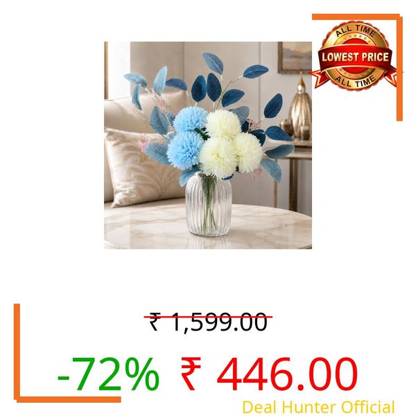 Divyakosh Artificial Chrysanthemum Flower Bouquet, 5 Flowers with Foliage, Blue & White Pom Pom Floral Arrangement, Decorative Artificial Flowers for Living Room, Office & Home Decor