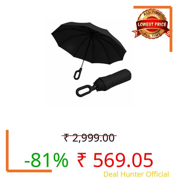 The Kirei Umbrella for Men & Women| Premium Three-Fold | One-Hand Auto Open/Close | Intelligent Carabiner Hook Handle | 100% Windproof & UV Protection (UPF 50+) | Compact Travel Umbrella for Rain & Sun (Shikkoku Black)