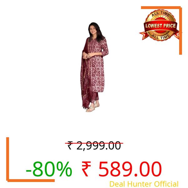 KLOSIA Women's Printed Straight Kurta and Pant with Dupatta Set