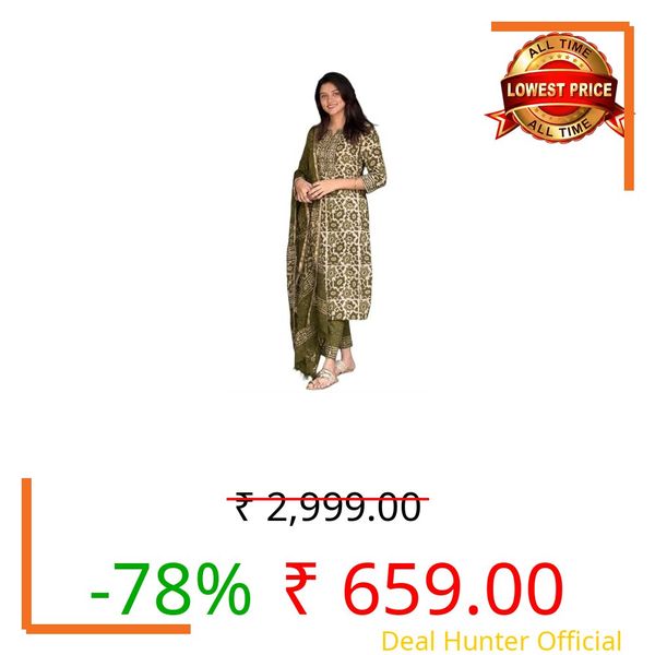KLOSIA Women's Printed Straight Kurta and Pant with Dupatta Set