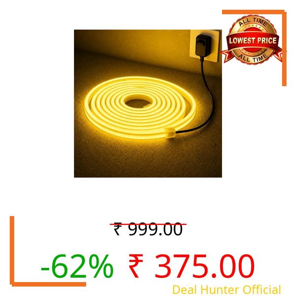 BrightNeon Hub 5M Yellow Neon LED Strip Light with Adapter | IP65 Waterproof Flexible Silicone Rope Light | 12V LED for Home Décor, Wall & Festive Lighting