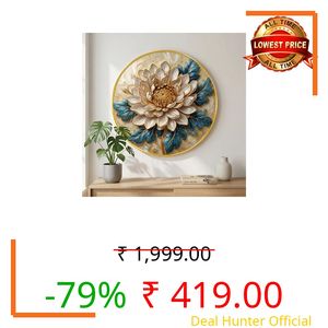 SAF Luxury Floral Round Wall Painting White Gold Flower Art with Blue Leaves PVC Golden Frame Modern Wall Decor for Living Room Bedroom Office Home Decoration (16 x 16 Inch) GRM-394
