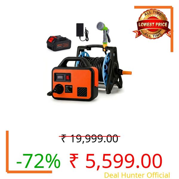 STARQ 200W Cordless Water Pump with 6000mAh Battery, Self-Priming Portable Water Transfer Pump with Spray Gun & 15 Meter Hose Reel for Car, Bike, Garden & Home Use