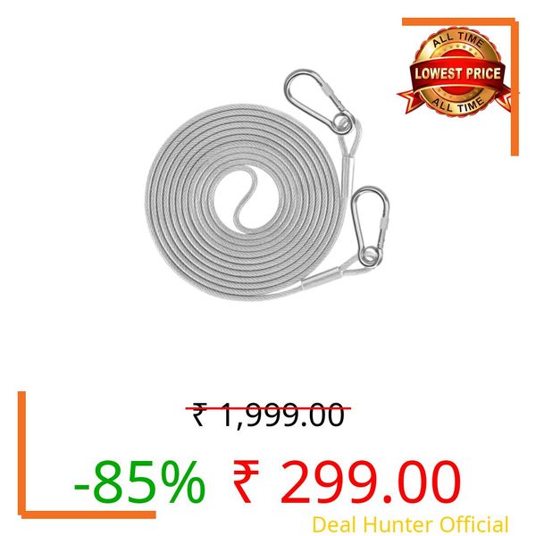 TINAES 10 Meter Heavy-Duty Stainless Steel Clothesline with Carabiner Hooks | Rust-Proof Thick Laundry Drying Rope | Extra-Long Strong Clothes Line for Balcony, Outdoor, Camping & Home Use