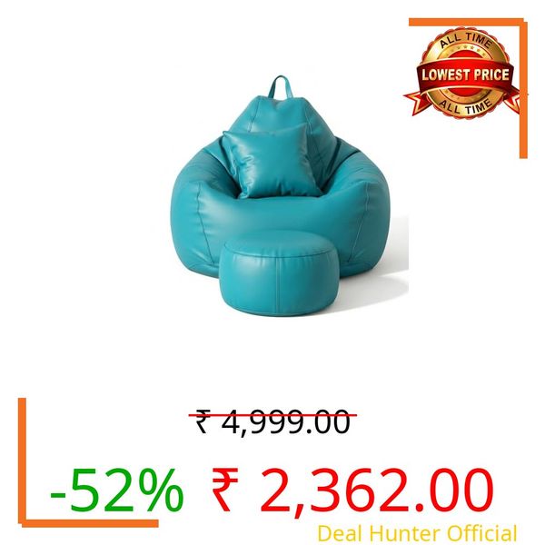 GIGLICK 5XL Premium Leatherette Bean Bag with Rectangular Footrest & Cushion | High Density EPS Beans Filled | Teardrop Shape with Handle | 6 Months Warranty (Aqua, 5XL_Combo Pack, Solid)