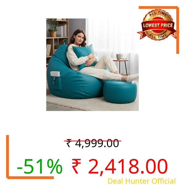 GIGLICK 5XL Premium Leatherette Bean Bag with Footrest & Cushion | High Density EPS Beans Filled | Teardrop Shape with Handle | 6 Months Warranty Color- (Aqua, XXXXXL)