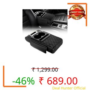 HOMECRAZE 5-in-1 Car Arm Rest Cushion with Cup Holder Premium Cushion Organizer, Center Console Cover with 2 Cup Holders PU Leather Heightened Armrest Pad with Phone & Tissue Holder for CarInterior