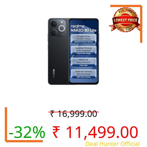 realme NARZO 80 Lite 4G (Obsidian Black 2026, 4GB+64GB) | 6300mAh Segment's Biggest Battery | 7.94mm Slim Design | 300% Ultra Volume | Pulse Light: 9 Colors, 5 Glow Modes | Ai Assist