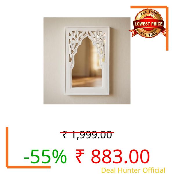 Nandini Homeware Handcrafted Traditional White Rajasthani MDF Wooden Mirror Jharokha Wall Art | Rajasthani Heritage Boho Style Decorative Wall Hanging (White Rajasthani)