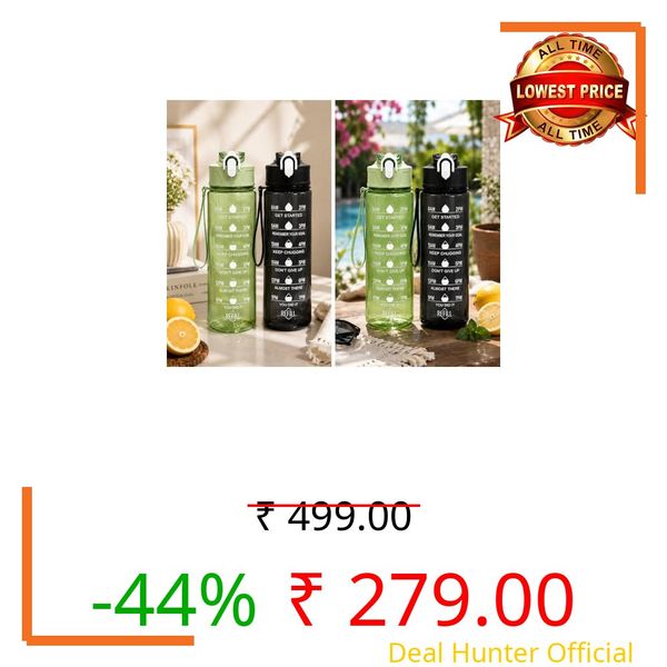 MADHUMA 1 L Capacity Transparent Motivational Water Bottle with Belt Straw, Time Marker, Leak Proof & Break-Proof, BPA-Free Plastic, Best for Office/School/Gym/Travel (Green+Black)