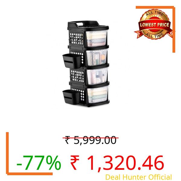 Homeor 4 Tier Plastic Storage Drawer Cabinet with Wheels, Modular Chest of Drawers Organizer with Side Basket & Handle, Storage Trolley Rack for Home, Kitchen, Bedroom, Kids Room (Black Transparent)