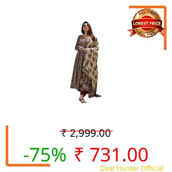 Nermosa Women Printed Anarkali Kurta and Pant Set with Dupatta | Printed Kurta Set | Cotton Suit | Women Kurta Sets | (IN, Alpha, L, Regular, Standard, Maroon)