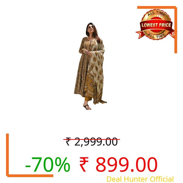 Nermosa Women Printed Anarkali Kurta and Pant Set with Dupatta | Printed Kurta Set | Cotton Suit | Women Kurta Sets | (IN, Alpha, 4XL, Regular, Standard, Yellow)