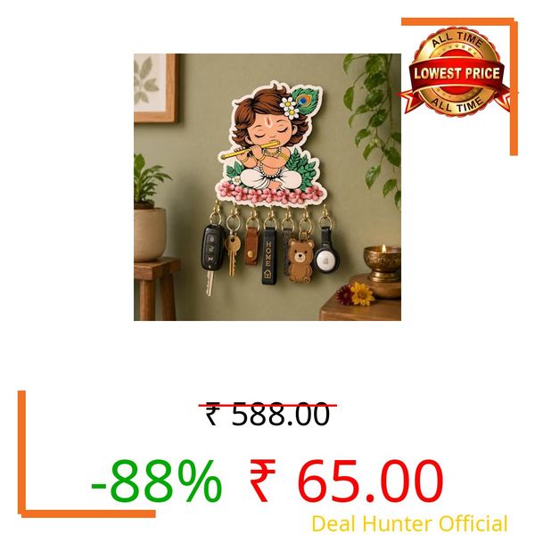 Baby Krishna Wooden Key Holder for Wall | Krishna Flute MDF Key Stand with 6 Hooks | Decorative Wall Mounted Key Organizer for Home Entrance, Living Room & Office | Spiritual Gift Decor