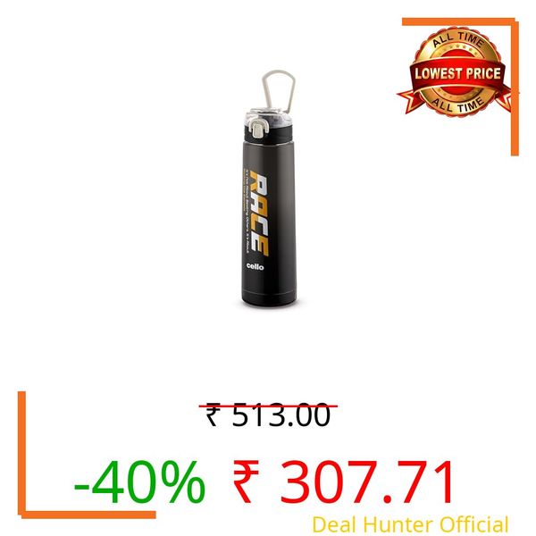 CELLO Puro Steel-X Race Insulated Water Bottle for Daily Use 600 ml Black | Stylish Colorful Easy Press Open Leak Proof Inner Steel Insulated Water Bottle for School, College, Travel, Biking & Office