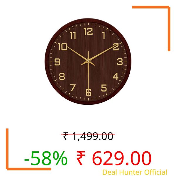 STAR WORK Silent Non-Ticking Wall Clock 12” Inch Analog Clock & LCD Display | Calendar Date, Day, Temperature, Operated Decorative Clock for Living Room, Kitchen, Bedroom,Office (Wooden Gold)