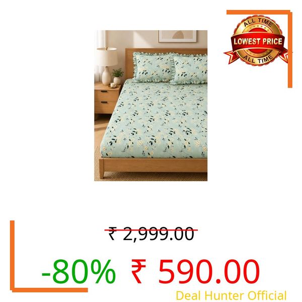 Homivya® King Size Fitted Bedsheet with 2 Frill Pillow Covers (GreenLeafFrill, Queen Size-60x78)