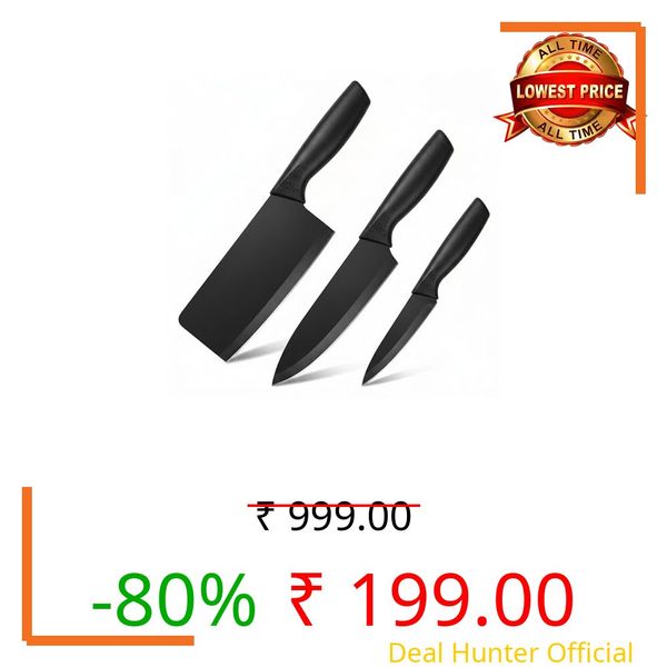 GLORIAL STAR 3-Piece Kitchen Knife Set with Protective Covers | Stainless Steel Chef Knife, Cleaver & Paring Knife | Razor Sharp Black Blade Knives | Ergonomic Anti-Slip Handle | Kitchen Cutting Set