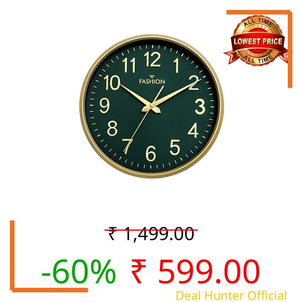 Elica Fashion Round Wall Clock, Green & Gold, Roman Numerals, Decorative Home Decor for Living Room (Gold-FF)