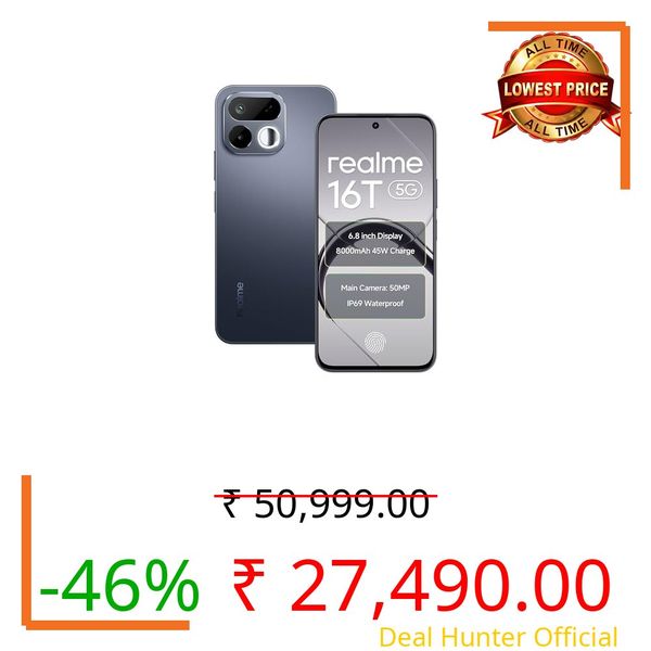 realme 16T 5G Smartphone 8000mAh Batterya 45W Fast Charge, 6.8 inch 144Hz Display, 6GB RAM 128GB ROM, 50mp AI Rear Camera, MediaTek Dimensity 6300 Chipset, Android 16, IP69 Pro Starlight Black