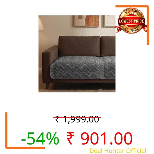 Urban Space Velvet Embroidery Quilted Sofa Cover mat, Premium 3 Seater Non-Slip Sofa slipcover, Easy Care & Machine Washable, Seat Runner for Couch for Living Space (3 Seater - Zig zag - Grey)
