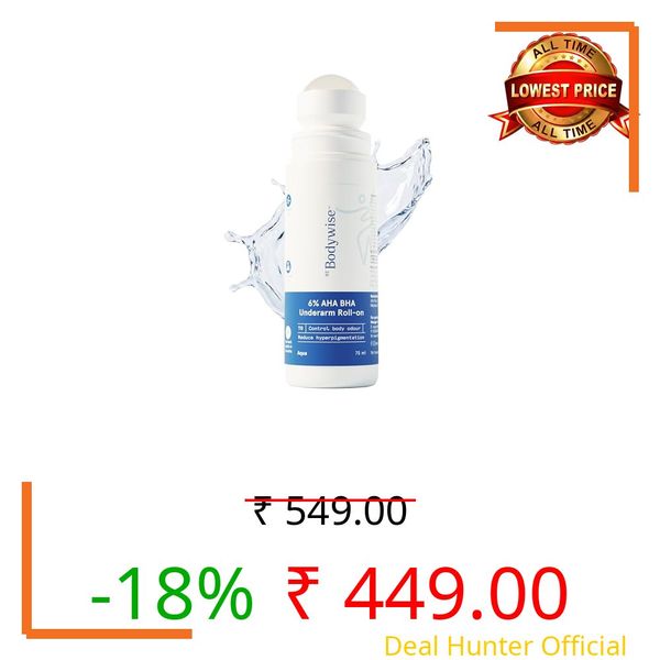 Be Bodywise 6% AHA BHA Underarm Roll On 75ml | 4% Lactic Acid, 1% Mandelic Acid, 1% Salicylic Acid | Controls Odour & Reduces Pigmentation for even tone skin | 0% Alcohol & 0% Aluminium | Aqua Fragrance