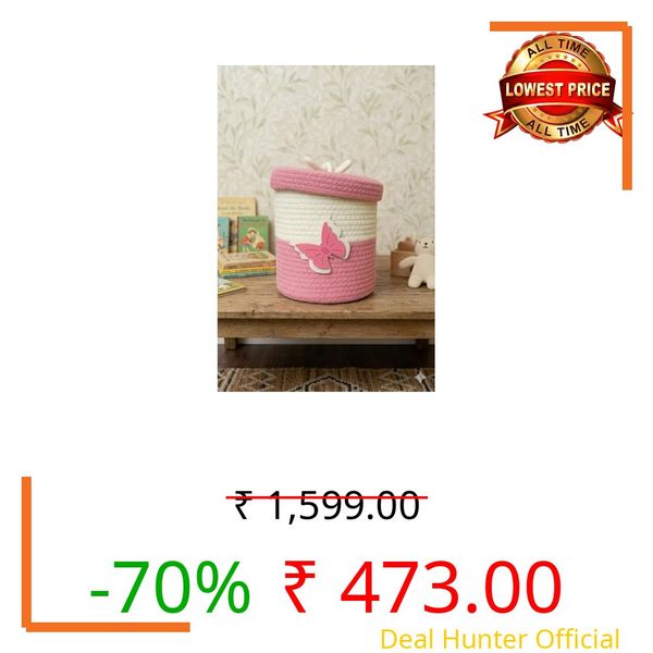 Jute Basket For Storage Cotton Rope Toys Basket With Lid Handwoven Natural Foldable Laundry Hamper for Home, Office, Living Room Size 10x10 inch (pink butterfly)