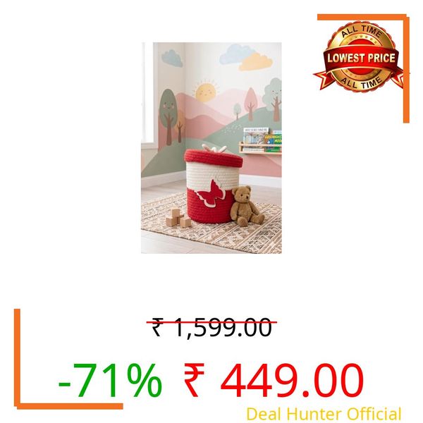 Jute Basket For Storage Cotton Rope Toys Basket With Lid Handwoven Natural Foldable Laundry Hamper for Home, Office, Living Room Size 10x10 inch (red butterfly)