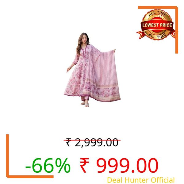 MANHAREE Women's Cotton Anarkali Pink Kurta Pant with Dupatta Set