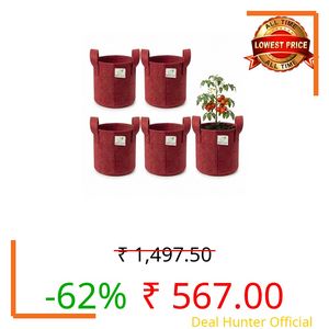 Hariyali Ghar 400 GSM Geo Fabric Round Grow Bags 10x10 Inch with Handle, Red Planting Bags for Terrace and Kitchen Gardening Pack of 5