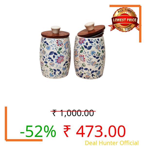 Vistas 'Blue Bloom' 1 Piece Airtight 420ml Ceramic Jar for Kitchen Storage | Handcrafted Ceramic Barni with Wooden Lid | Multipurpose Pickle, Spice & Salt Container